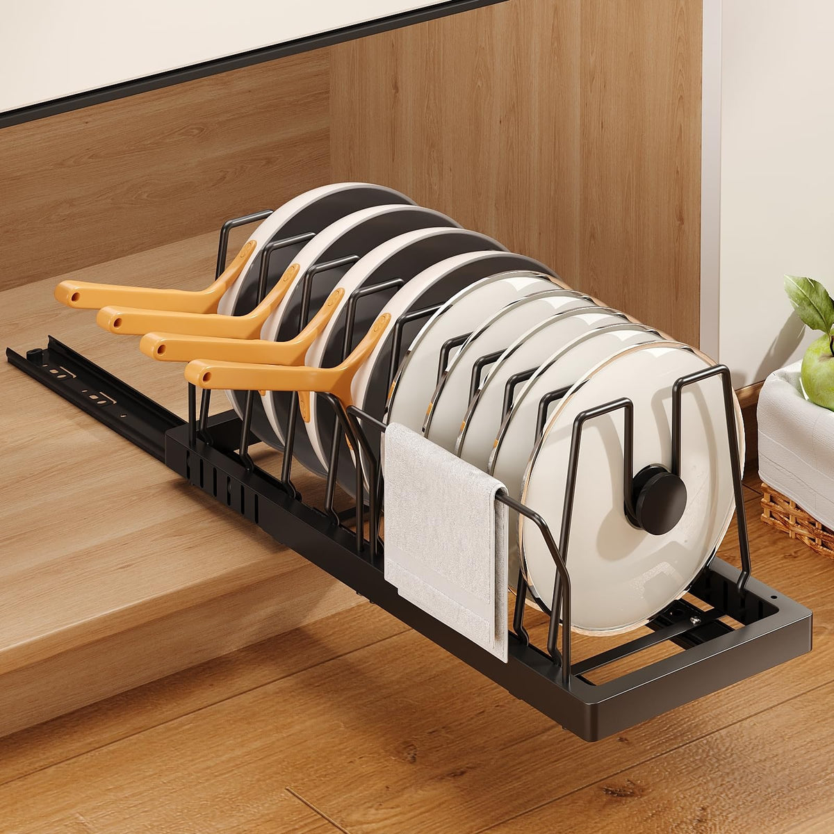 Mustorn pots and pans organizer under cabinet pull-out for easy access and tidy storage.