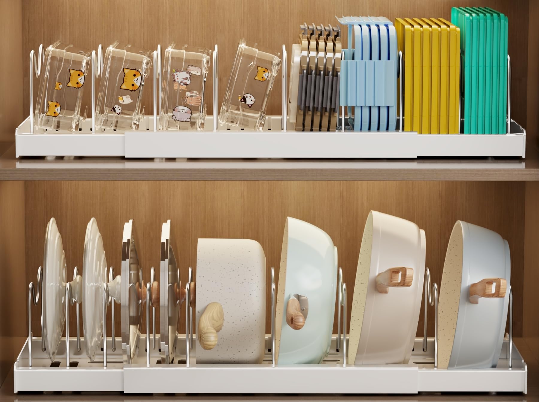 Mustorn under-cabinet lid rack keeps pot and pan lids organized and accessible.