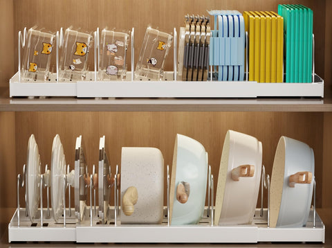 Mustorn under-cabinet lid rack keeps pot and pan lids organized and accessible.