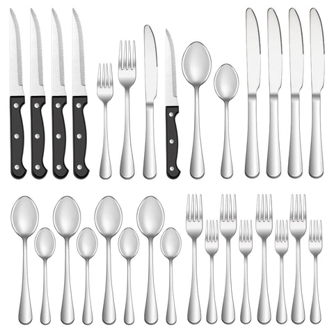Mutnitt 36-piece silverware set closeup showing durable, rust-resistant service for six.