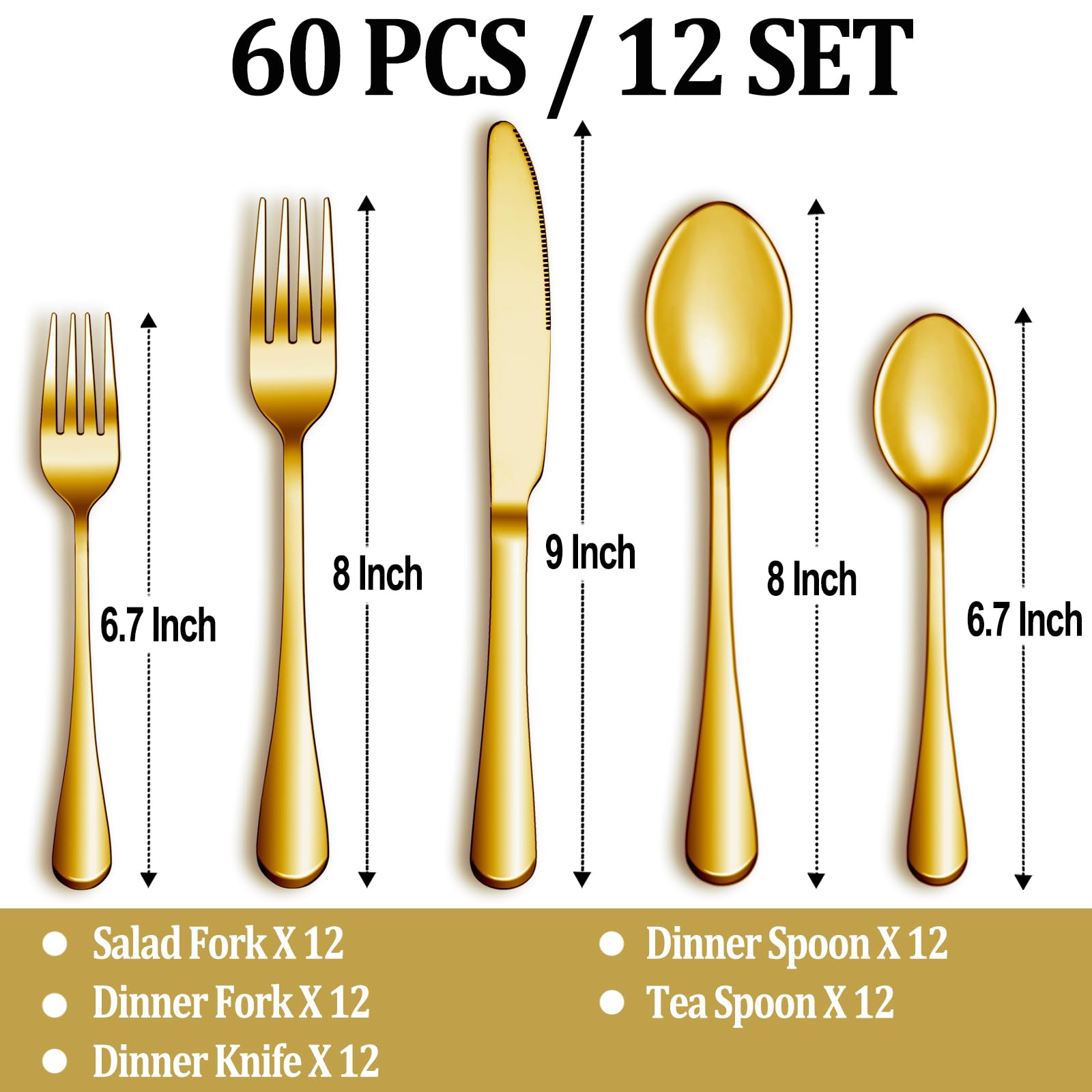 MUTNITT 60-piece gold silverware set for 12 with dinner spoons, designed for comfortable use.