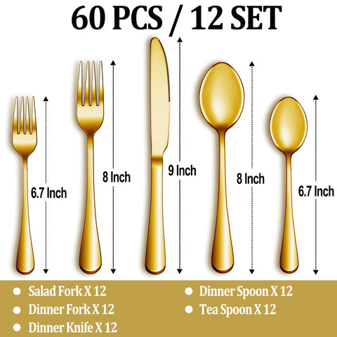 MUTNITT 60-piece gold silverware set for 12 with dinner spoons, designed for comfortable use.