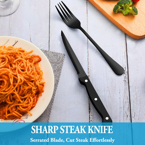 MUTNITT ergonomic handle design on black flatware reduces fatigue.