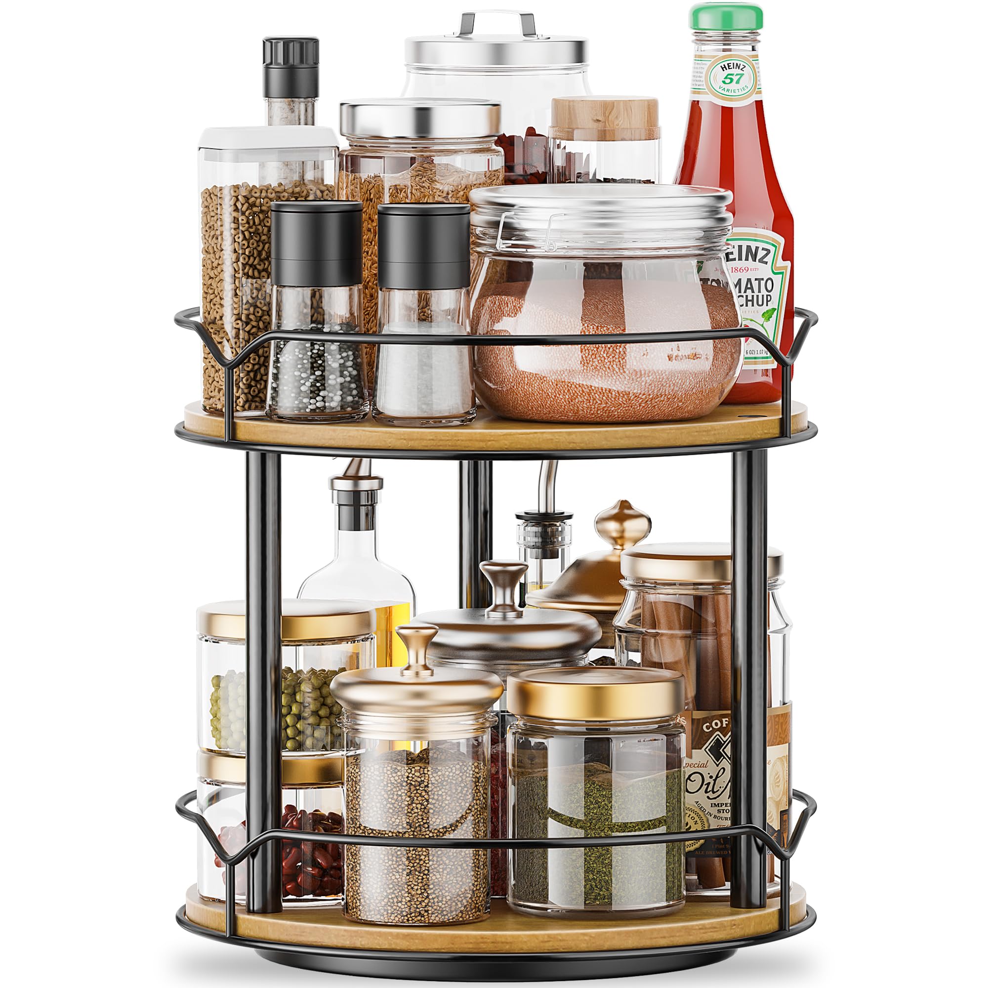 MUTUALUS two-tier Lazy Susan on table top for easy spice access.