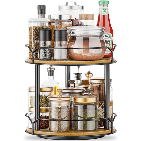 MUTUALUS two-tier Lazy Susan on table top for easy spice access.