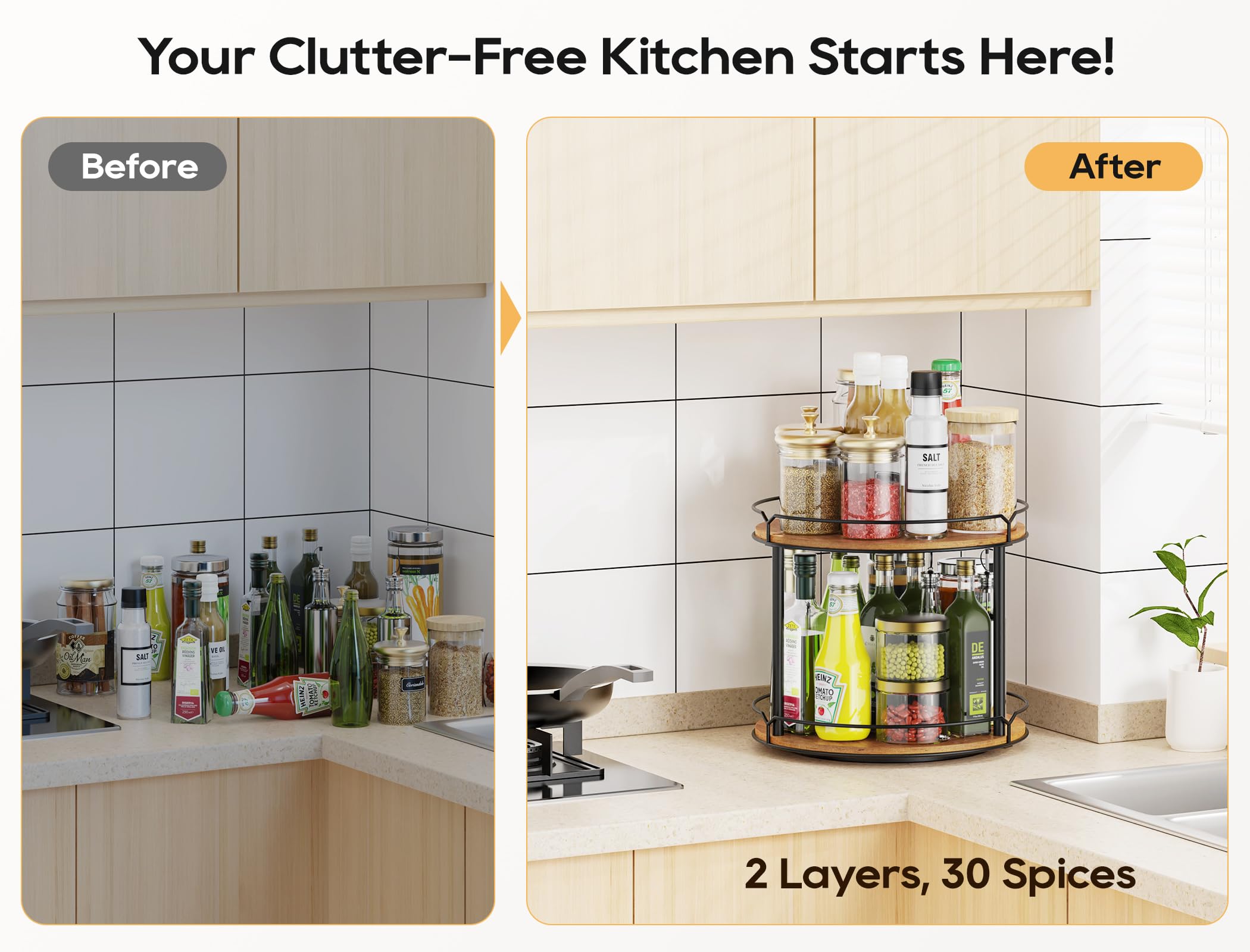 MUTUALUS two-tier rotating spice rack in kitchen shelf offering easy access