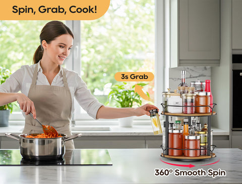 MUTUALUS two-tier turntable provides versatile storage for kitchen and bath.