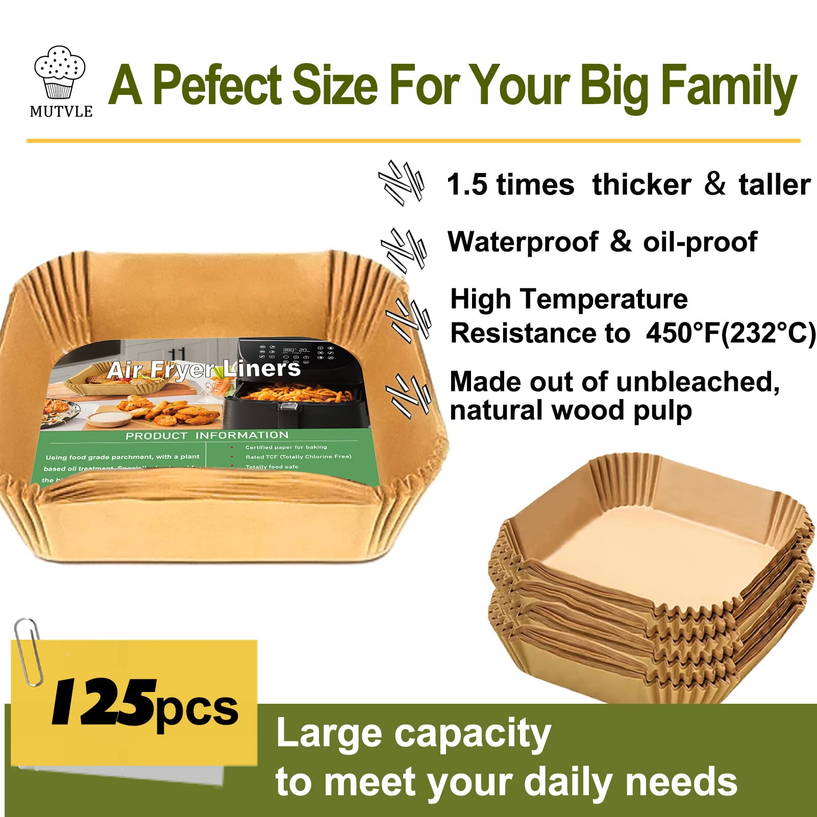 Mutvle heat-resistant liners withstand up to 450°F for safer air frying.