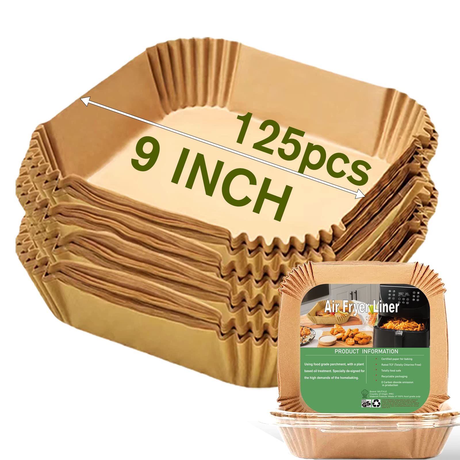 Mutvle 9-inch square air fryer liners package; sturdy parchment for mess-free cooking.