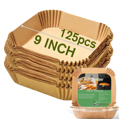 Mutvle 9-inch square air fryer liners package; sturdy parchment for mess-free cooking.