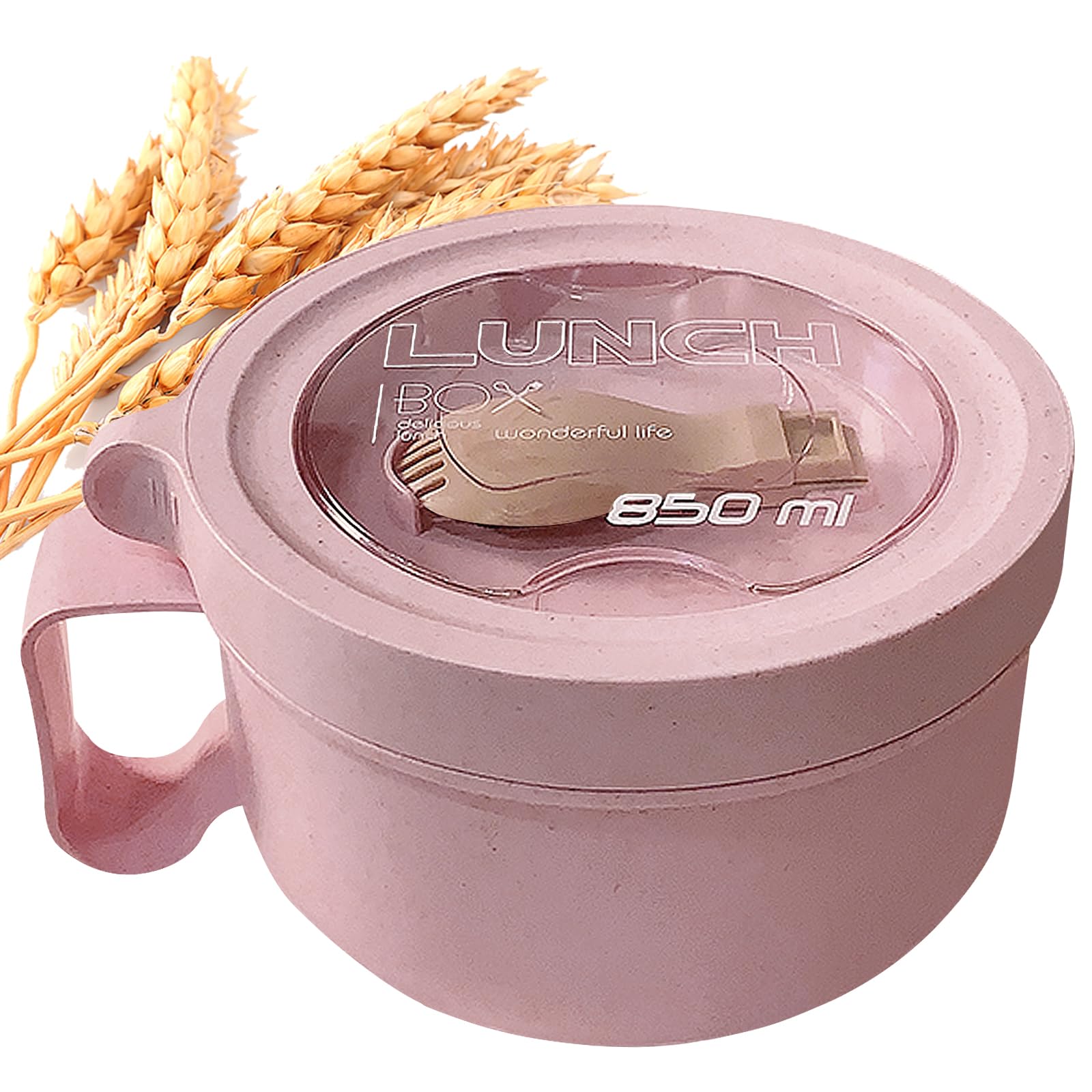 MUUBOOX pink wheat straw ramen bowl front view shows portable, microwave-ready design