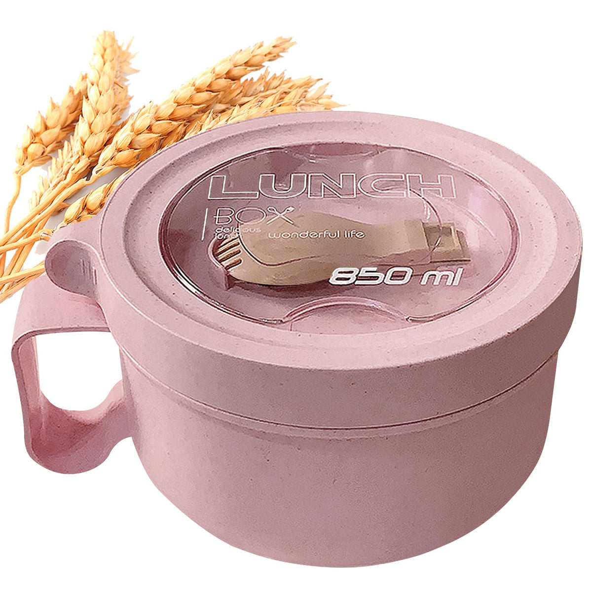 MUUBOOX pink wheat straw ramen bowl front view shows portable, microwave-ready design