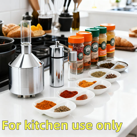 Side view of MuYuDaDi spice grinder showing compact design for kitchen storage.