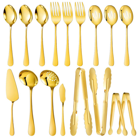 MWELLEWM gold serving utensils set, wide shot, ergonomic handles for effortless buffet service.