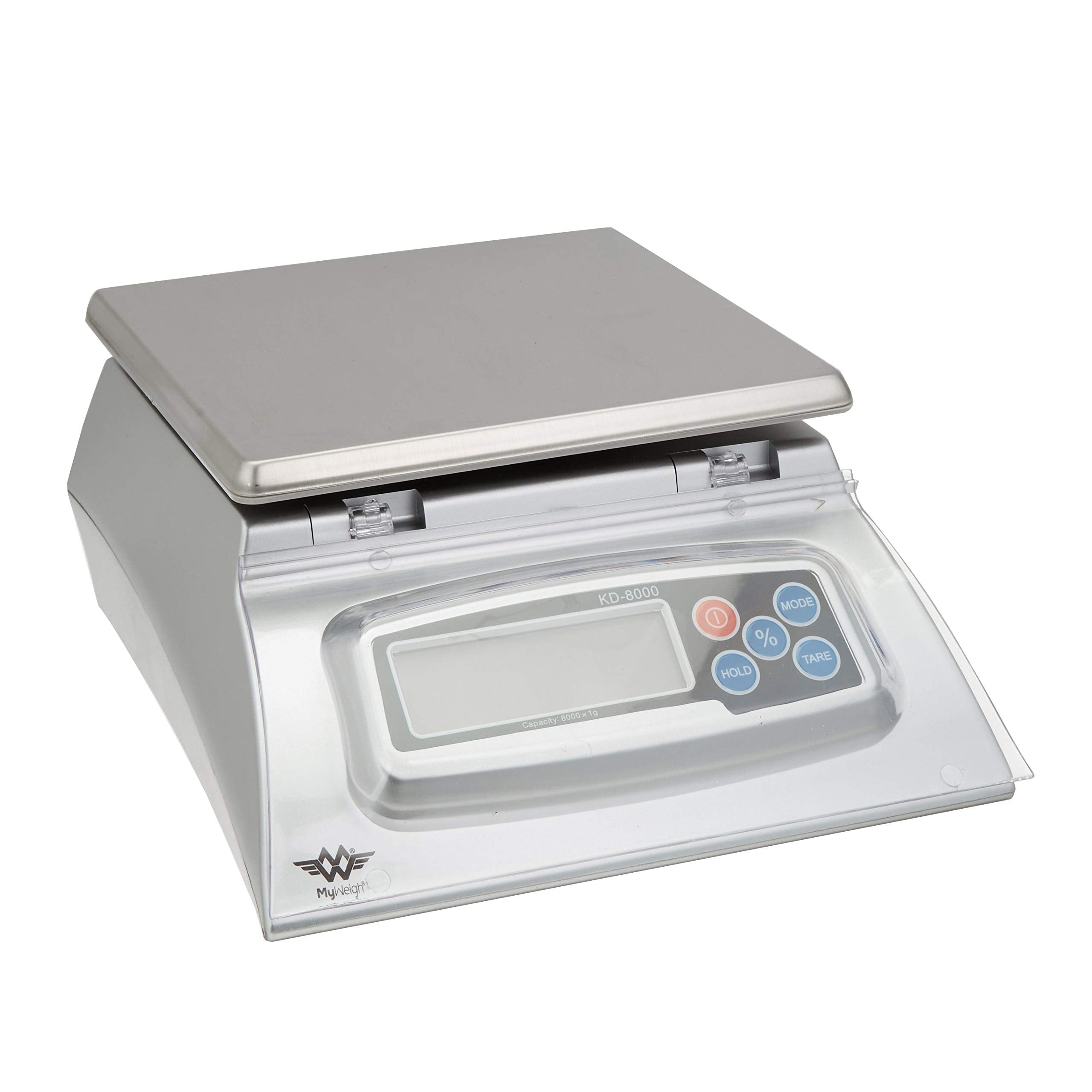 My Weigh KD-8000 with protective LCD cover shields the display from spills and messes.
