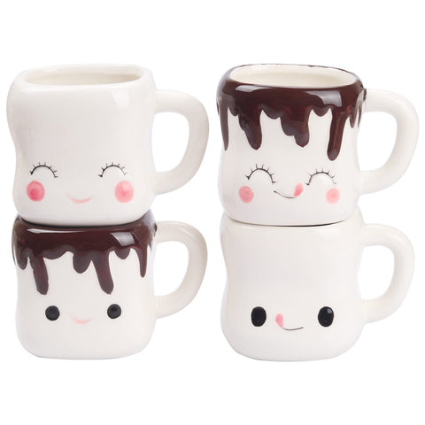 Mycts marshmallow mugs with handles, four-pack, cheerful faces enhance cozy drink moments.