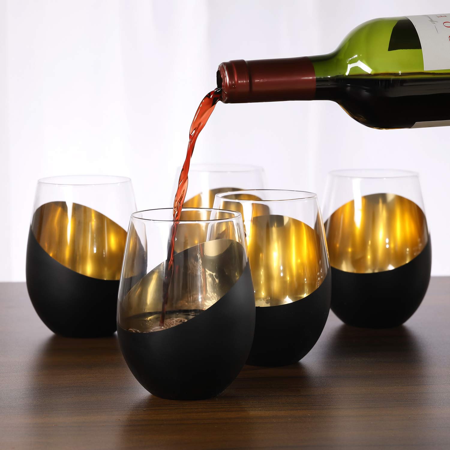 18-ounce MyGift stemless glass with tilted design, suitable for red or white wine.