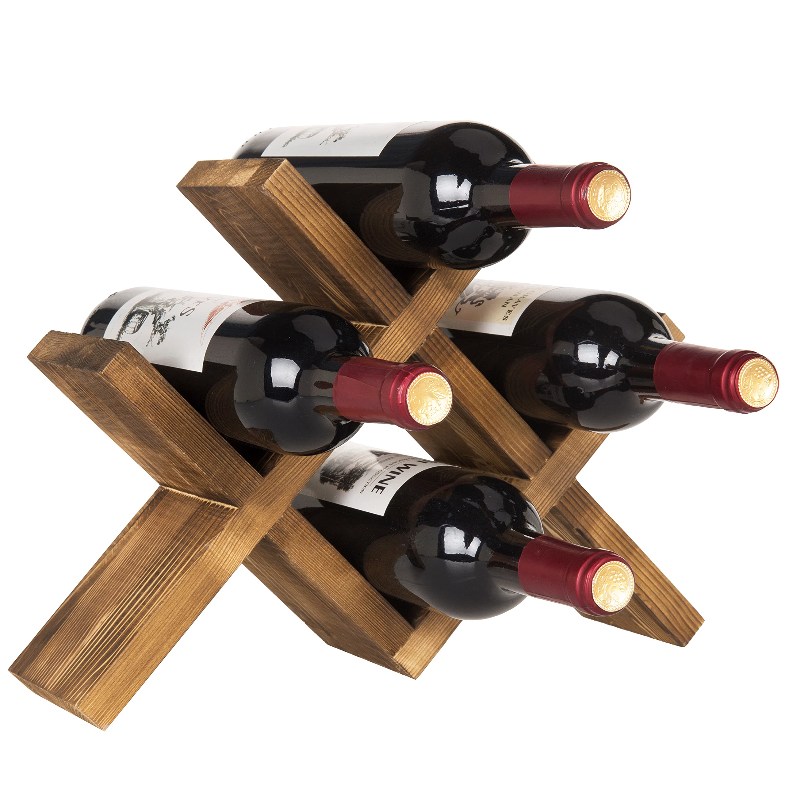 MyGift 4-Bottle Rustic Wine Rack on countertop keeps bottles organized.