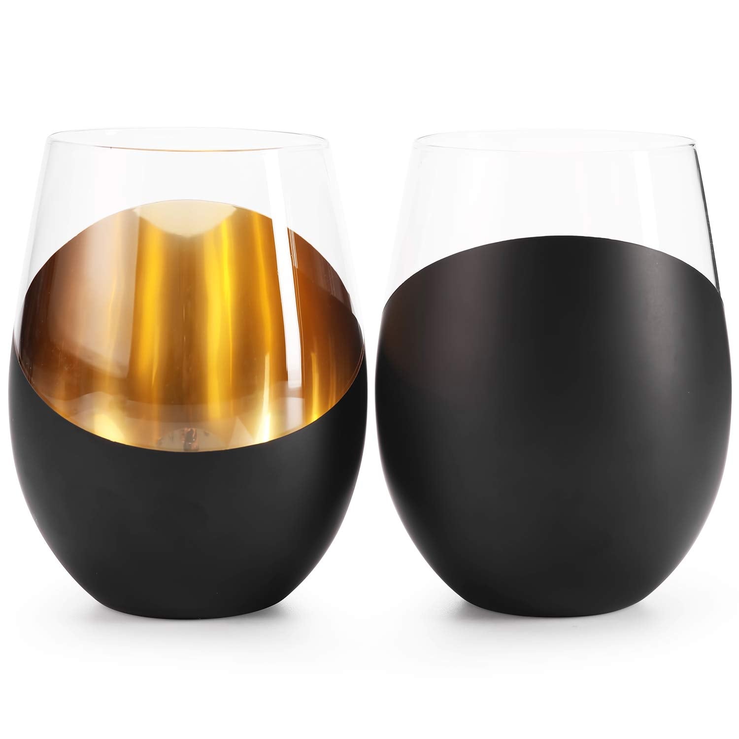 Brass plating catches light on MyGift stemless glass for a festive vibe.