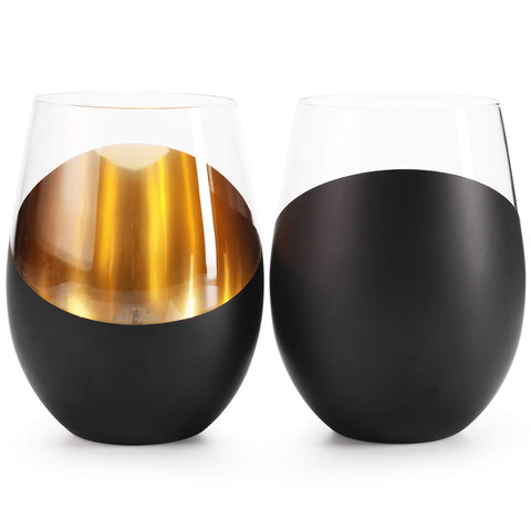 Brass plating catches light on MyGift stemless glass for a festive vibe.