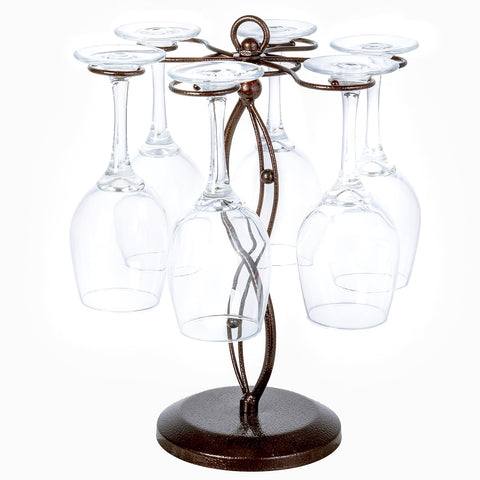MyGift bronze stemware holder with scrollwork displaying wine glasses on a countertop