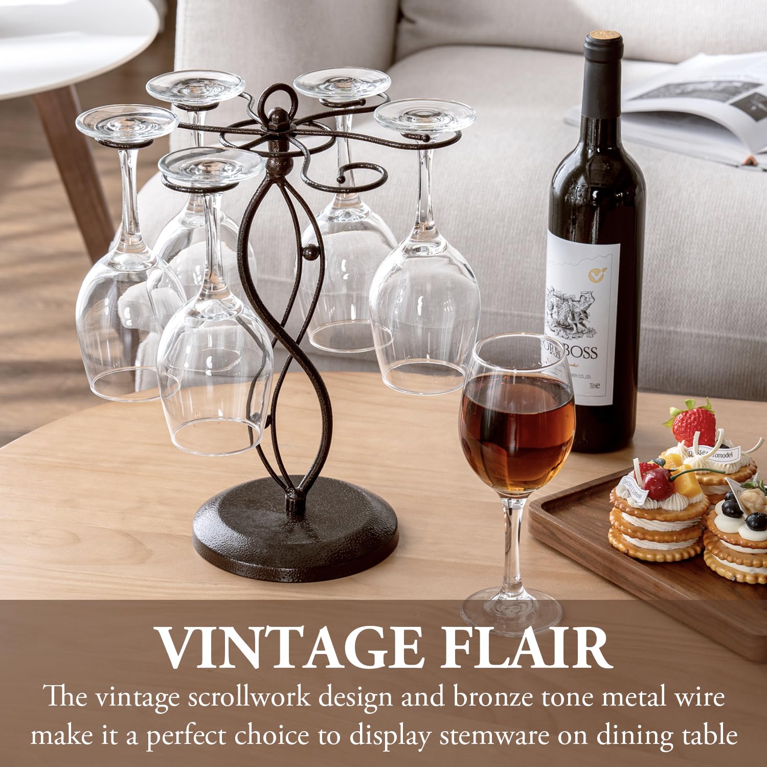 MyGift bronze stemware rack with six rotating hooks for easy glass access