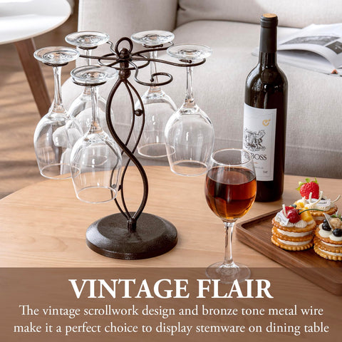 MyGift bronze stemware rack with six rotating hooks for easy glass access