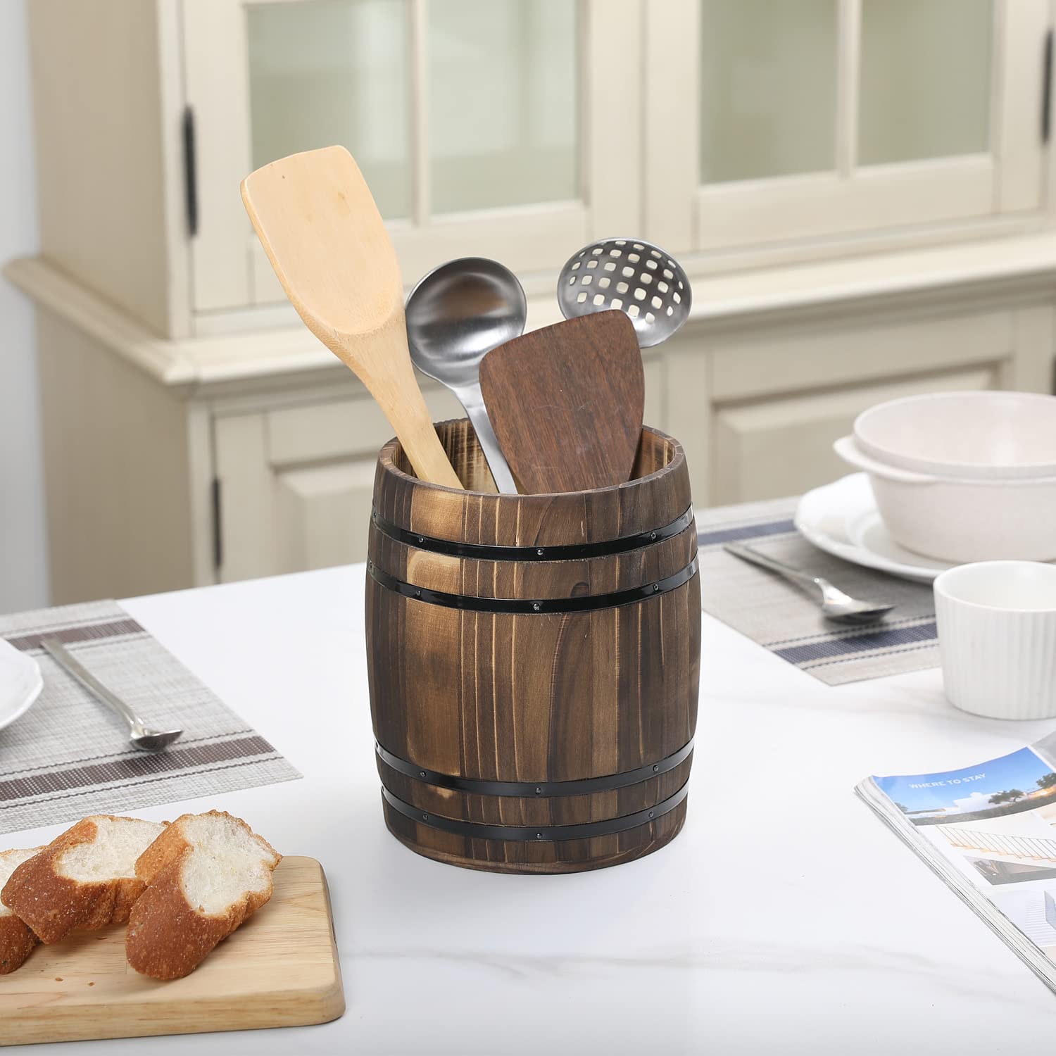 MyGift burnt wood utensil crock with black metal accents keeps kitchen tools organized.