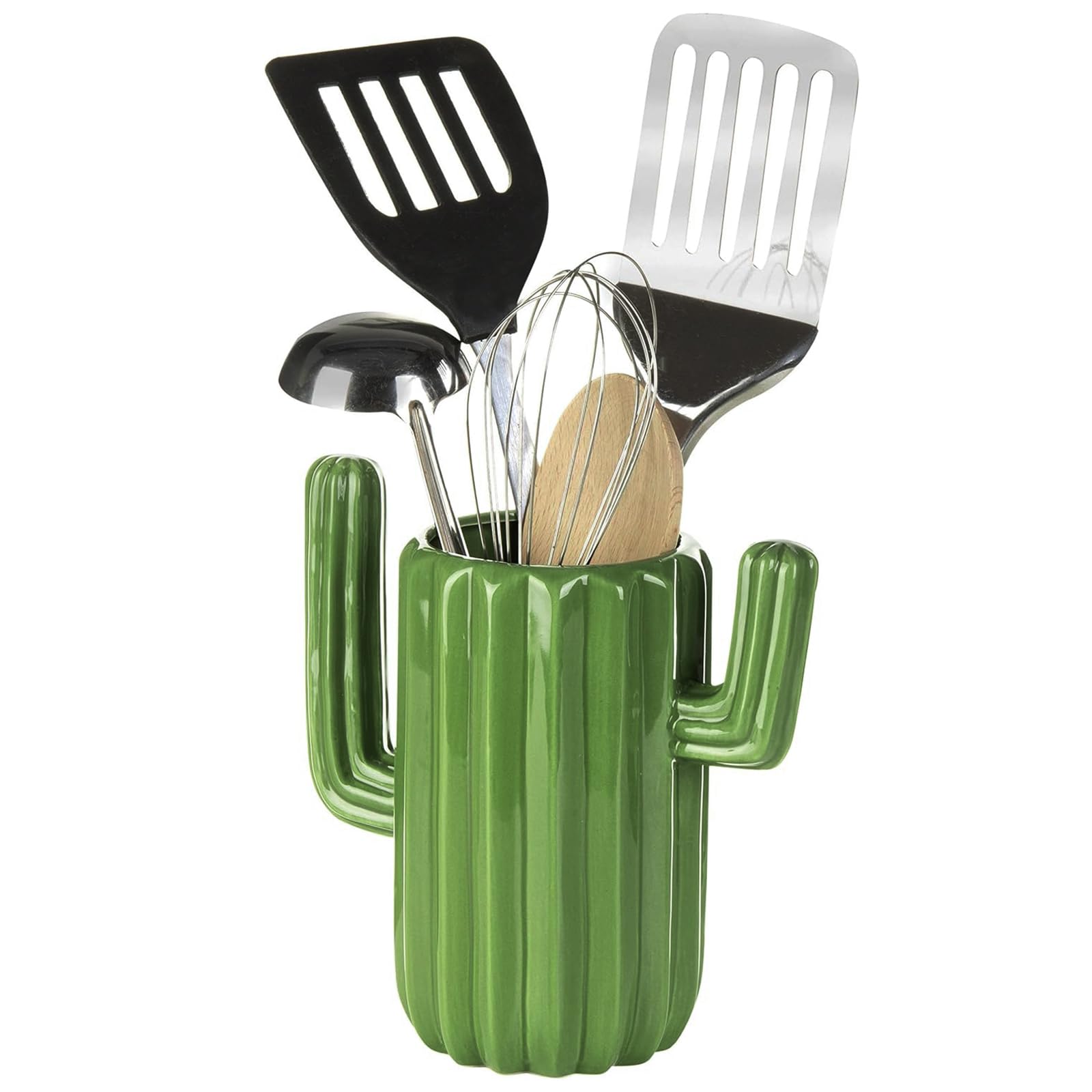 MyGift ceramic cactus utensil holder, front view on a counter, adds playful southwestern charm.