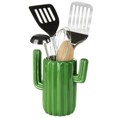 MyGift ceramic cactus utensil holder, front view on a counter, adds playful southwestern charm.