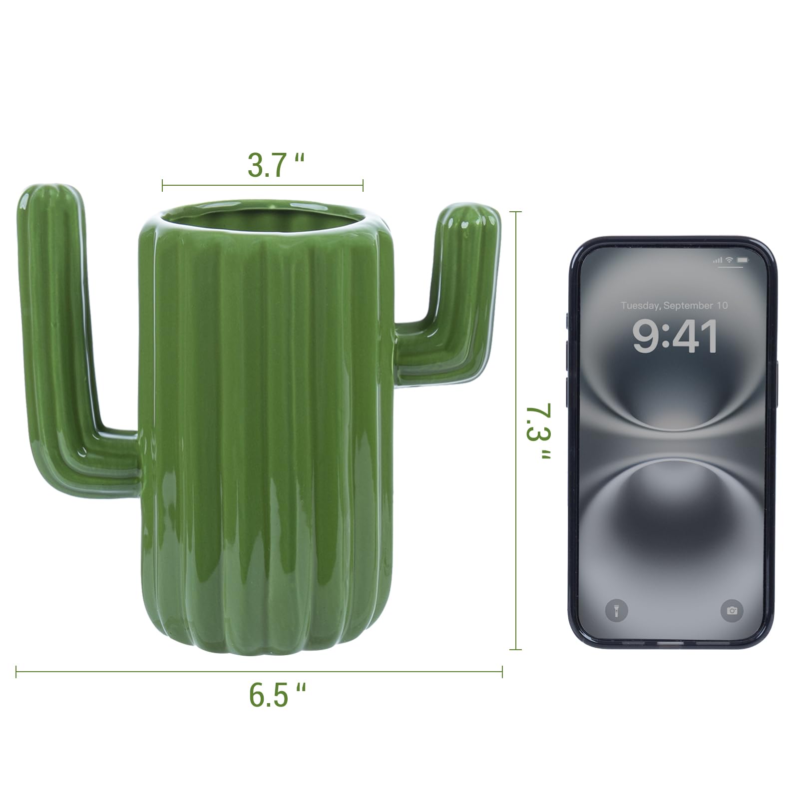 MyGift ceramic cactus utensil holder with spoons displayed, compact 7-inch height for easy access.