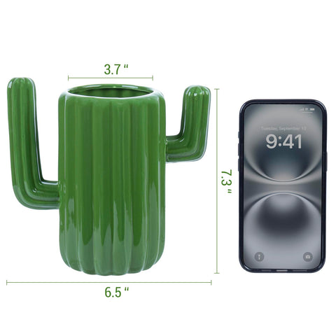 MyGift ceramic cactus utensil holder with spoons displayed, compact 7-inch height for easy access.