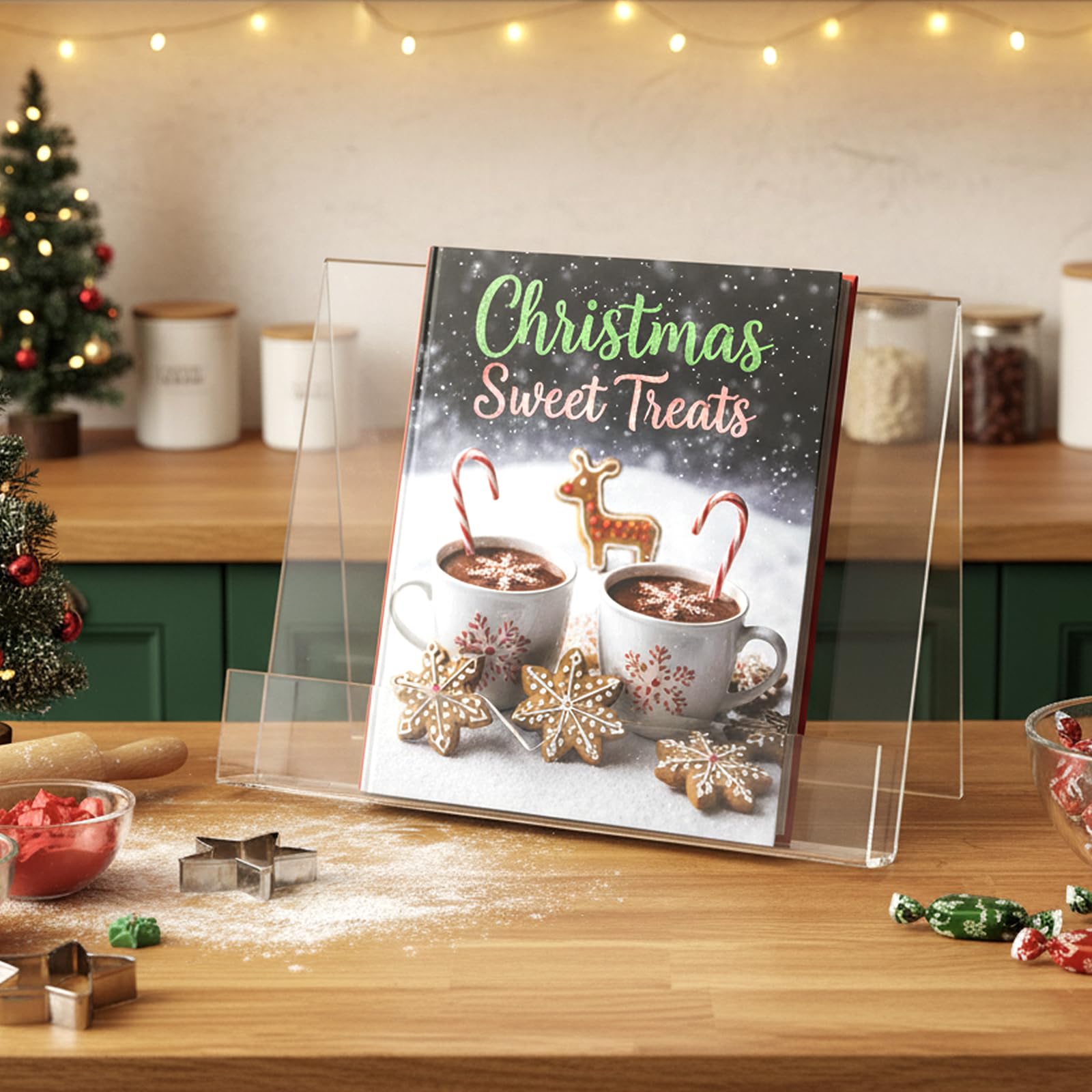 MyGift cookbook stand clear side view demonstrates slim profile for countertop storage