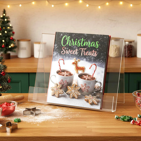 MyGift cookbook stand clear side view demonstrates slim profile for countertop storage