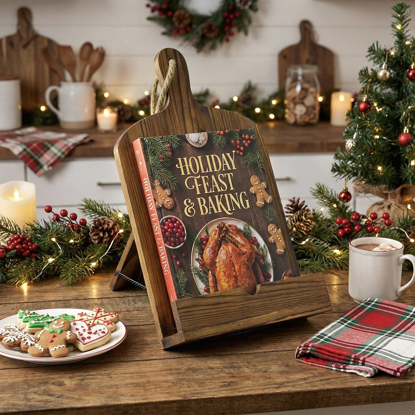 MyGift cookbook stand rope hanger enables wall mounting for flexible display.