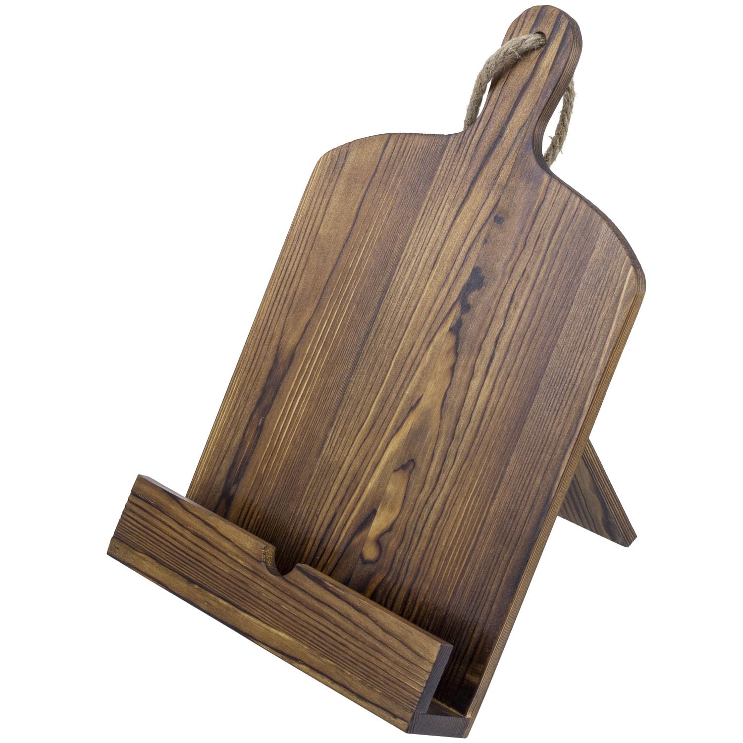 MyGift cookbook stand with cutting-board design on countertop keeps recipes in view hands-free.