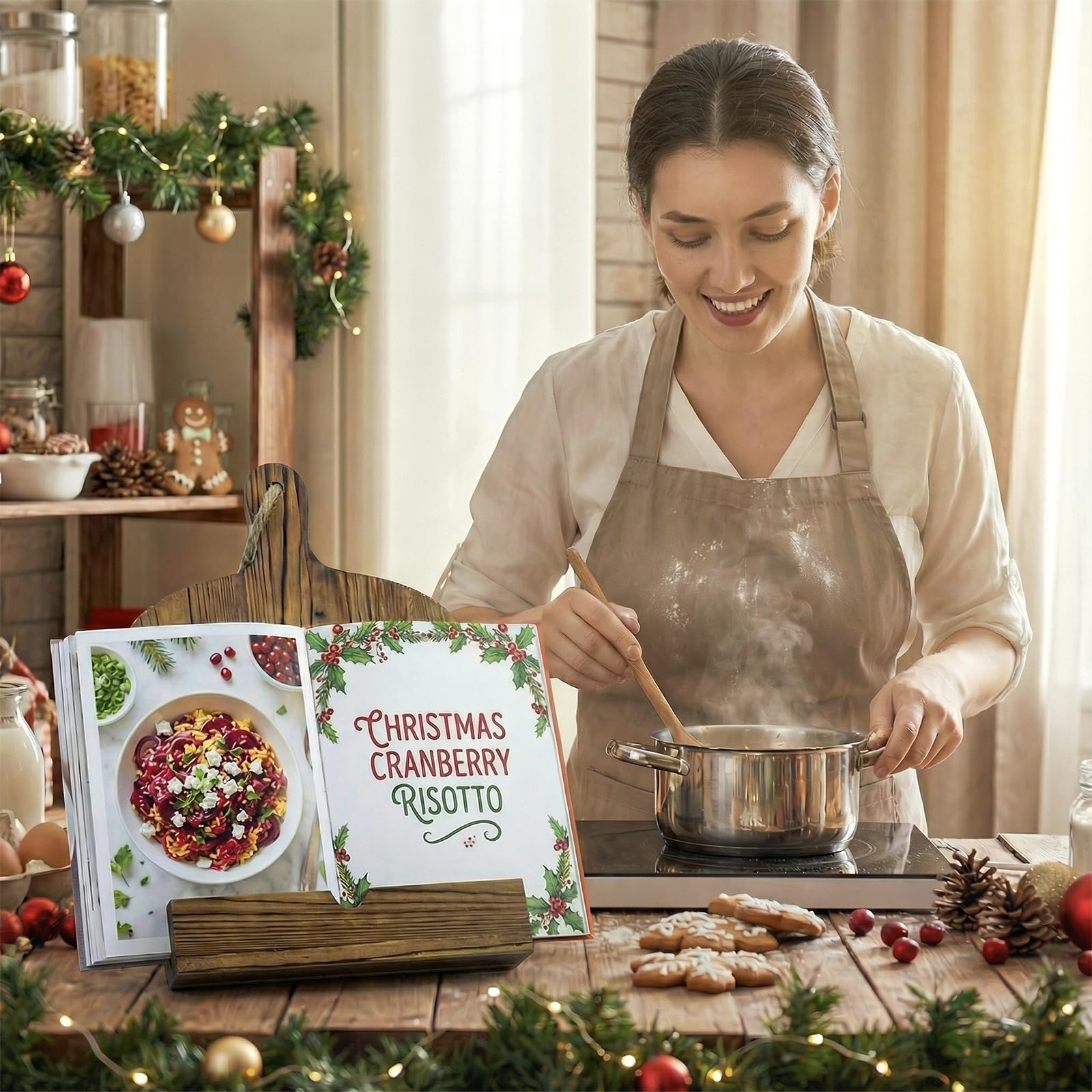 MyGift cookbook stand with natural glazed finish complements kitchen decor.