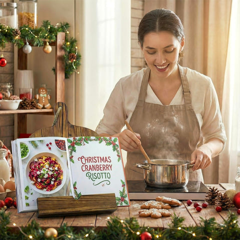 MyGift cookbook stand with natural glazed finish complements kitchen decor.