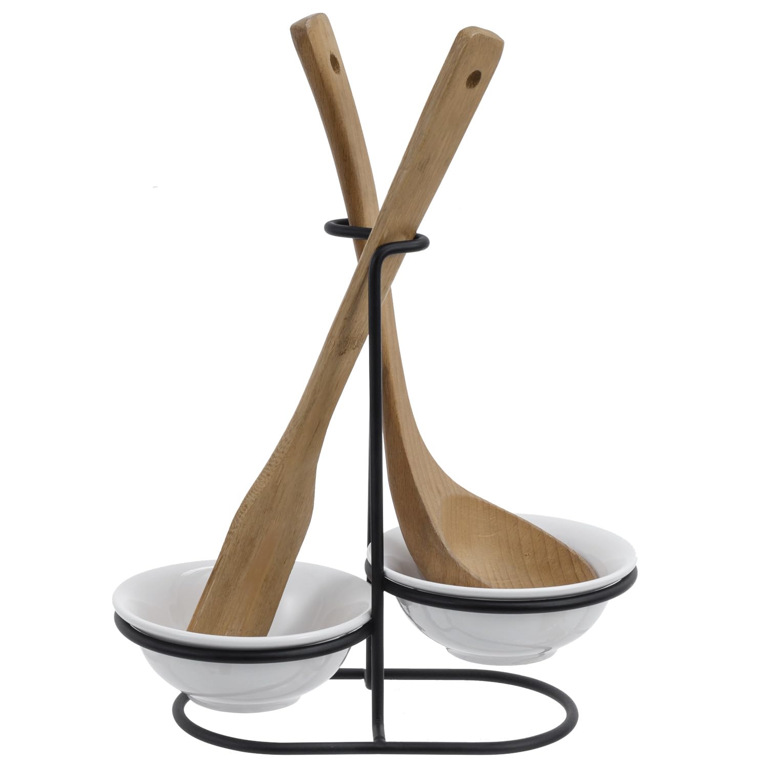 MyGift spoon rest with ceramic bowls and matte black stand keeps utensils tidy on the counter