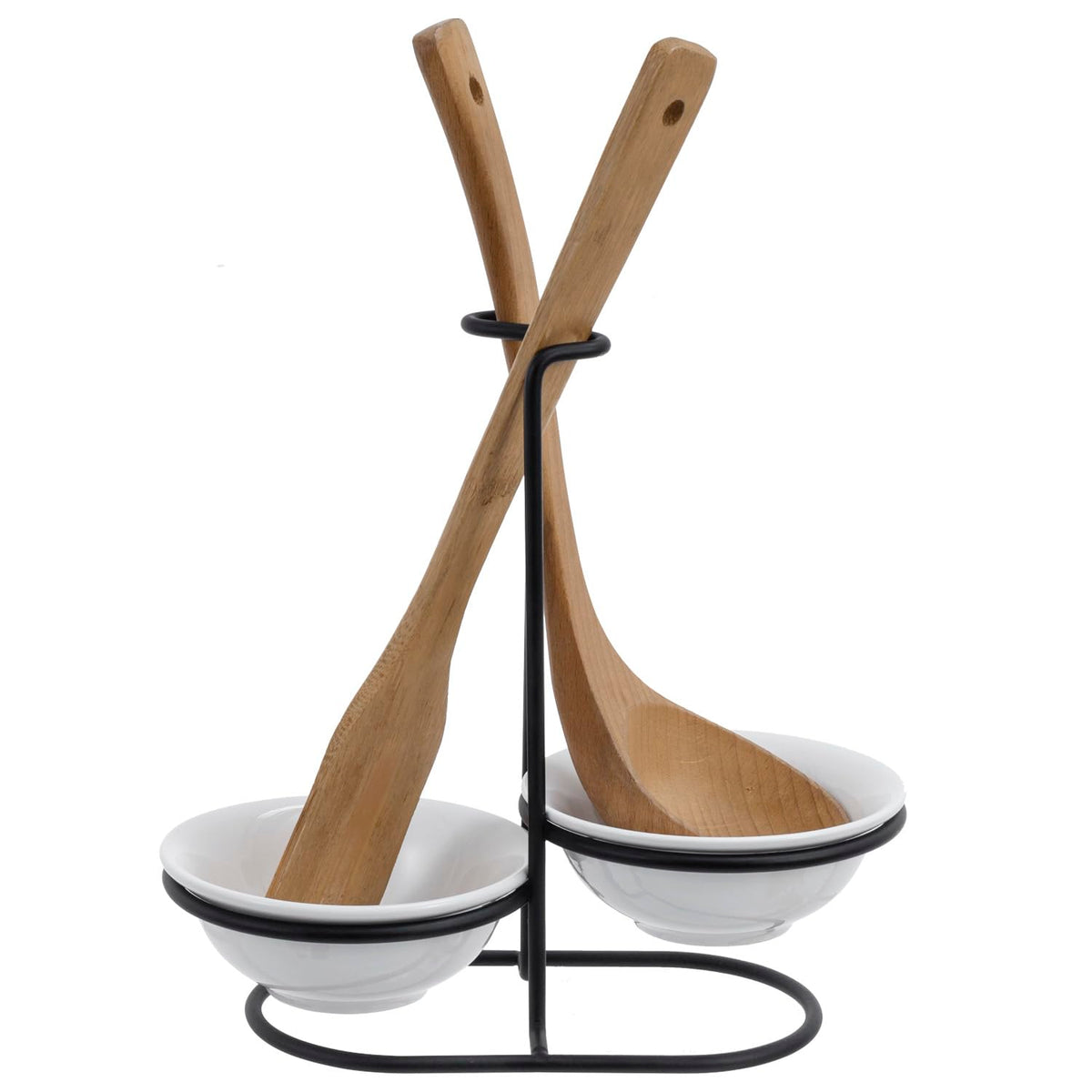 MyGift spoon rest with ceramic bowls and matte black stand keeps utensils tidy on the counter