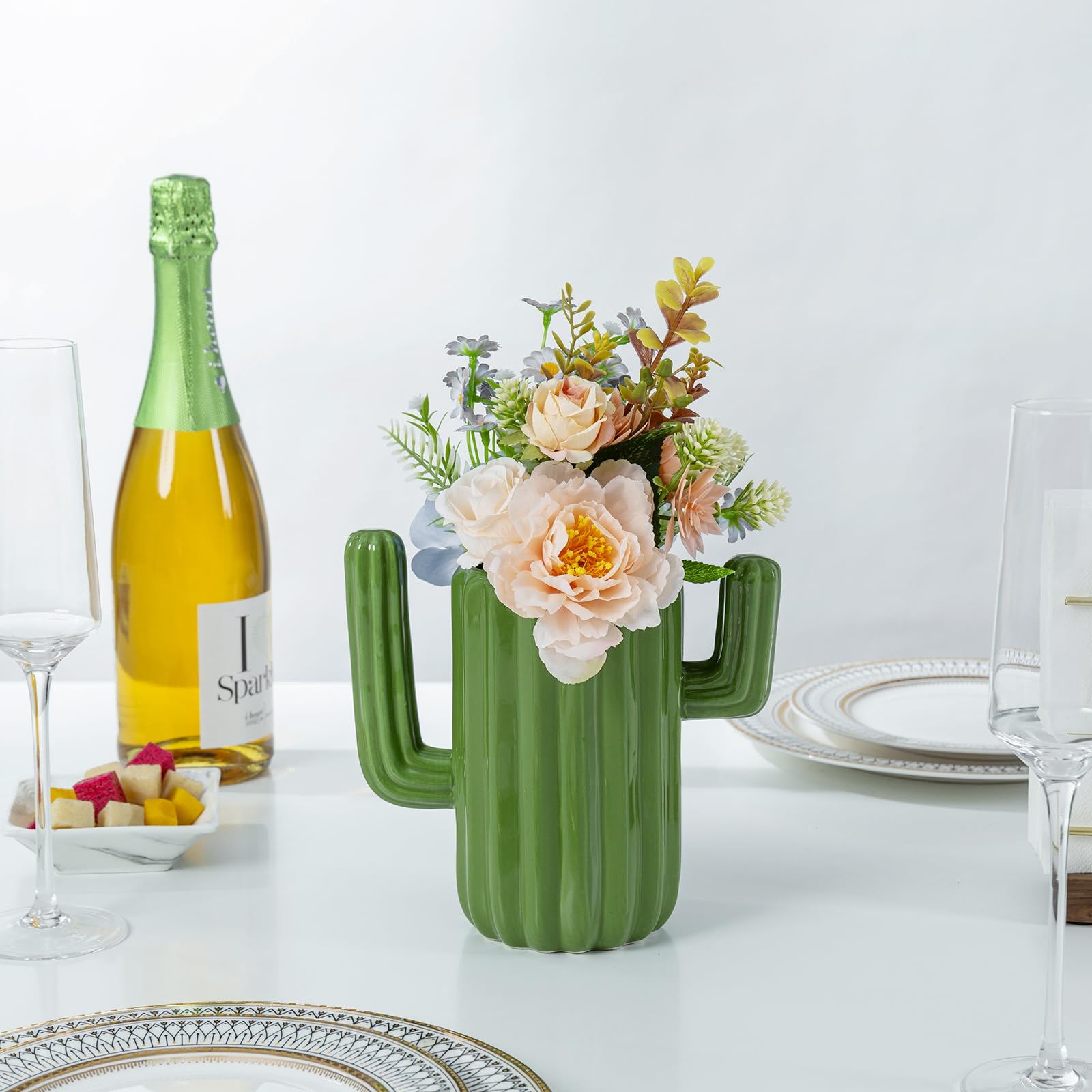 MyGift desert decor setup featuring cactus holder on a granite counter.