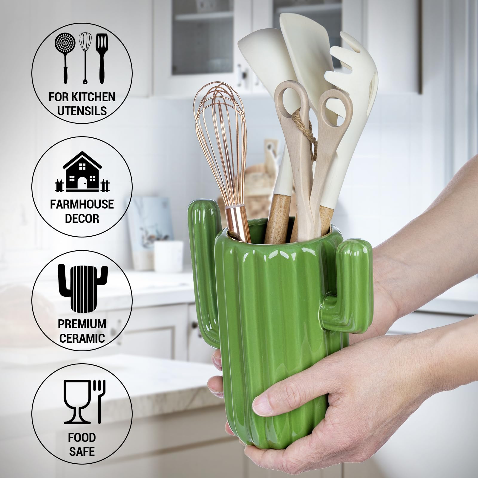 MyGift cactus holder on a kitchen counter demonstrating quick reach for utensils.