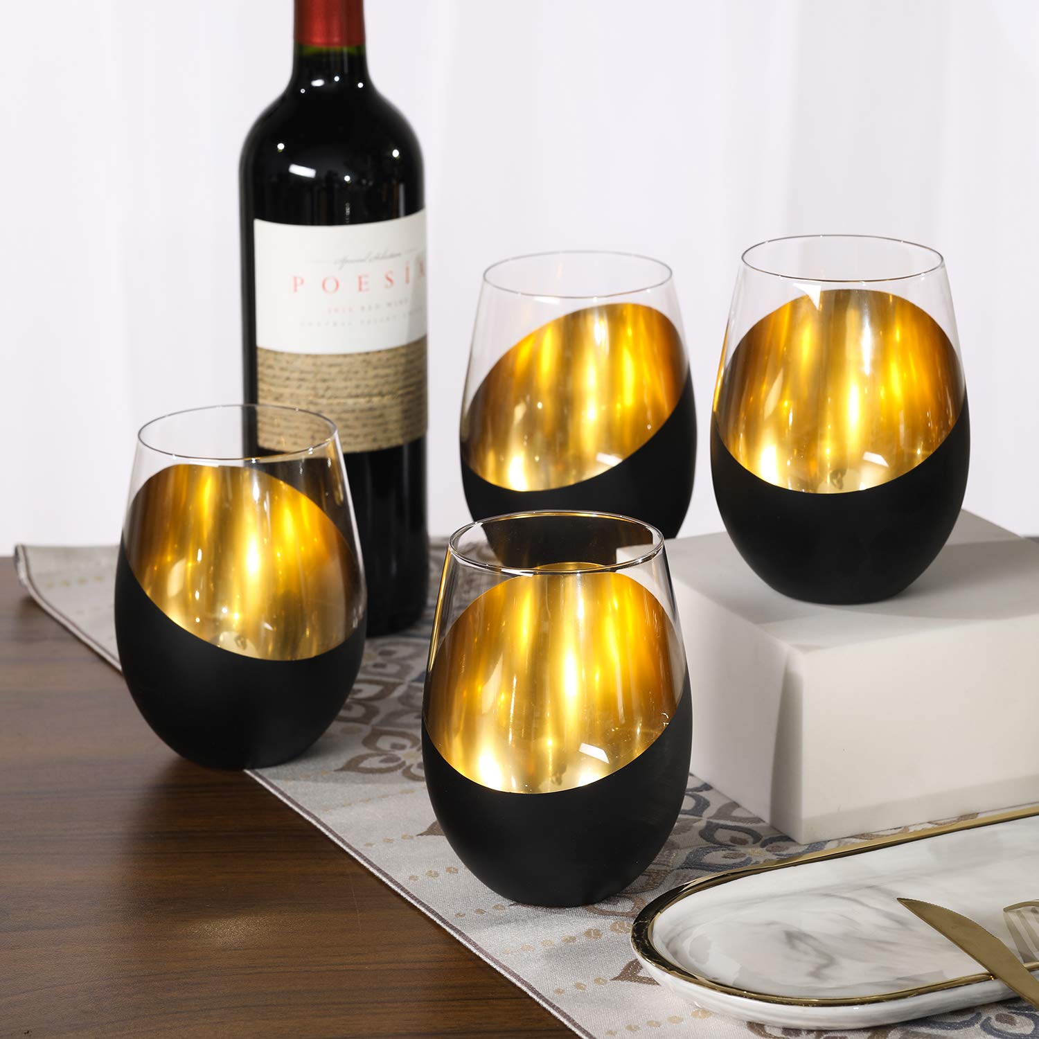 Close-up of brass plating on MyGift stemless glass, adding luxe sparkle.