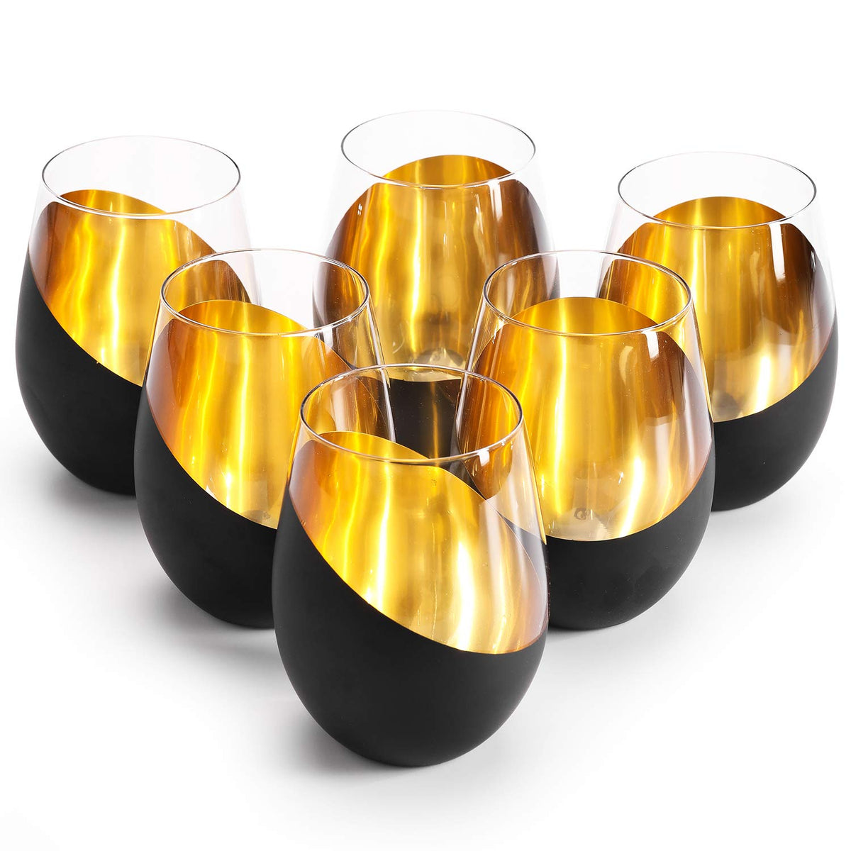 MyGift tilted-design stemless glass in matte black and gold, ideal for stylish entertaining.