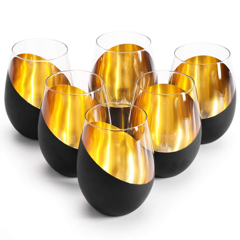 MyGift tilted-design stemless glass in matte black and gold, ideal for stylish entertaining.