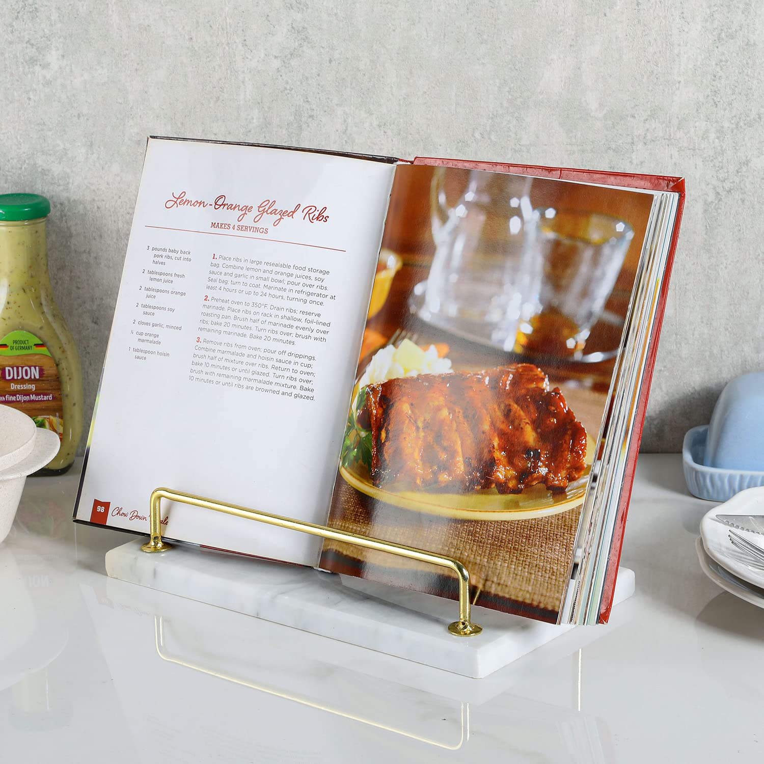 MyGift Modern Marble Cookbook Stand side angle on kitchen counter