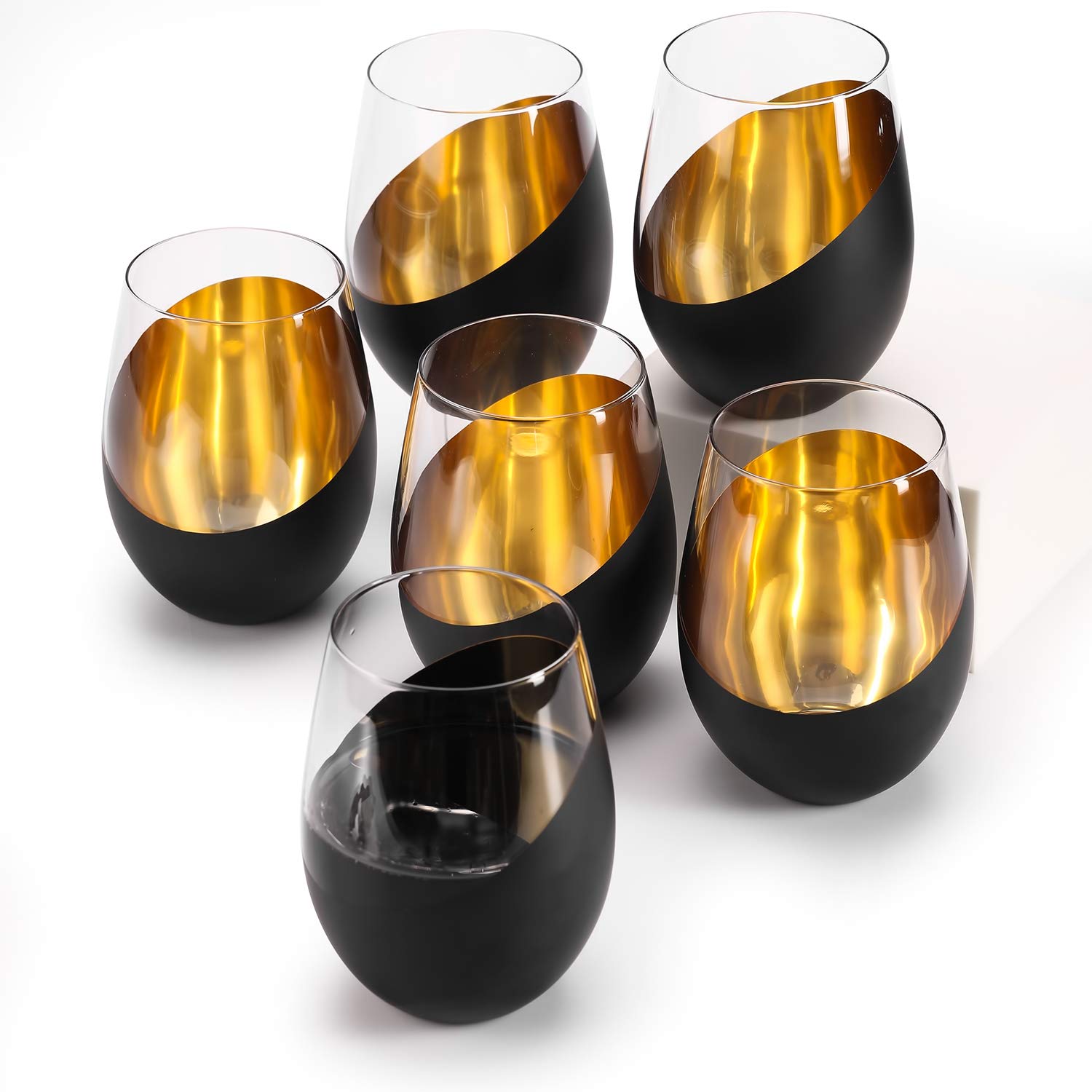 Set of six MyGift glasses on a dining table, perfect wedding glassware.