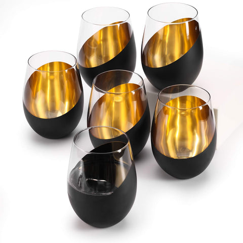 Set of six MyGift glasses on a dining table, perfect wedding glassware.