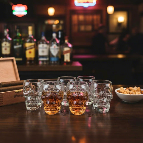 MyGift six-piece set on a bar counter showcasing clear liquor colors.