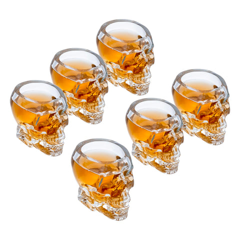 MyGift skull shot glasses close-up with 3D rim for dramatic Halloween vibes.